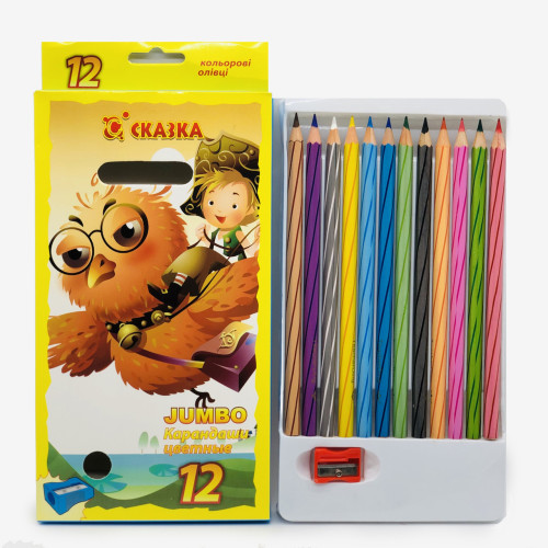 Товсті кольорові олівці 'Сказка Jumbo' з точилкою — 12 кольорів, для дітей, тригранні, м'які, у пластиковому пакуванні-1